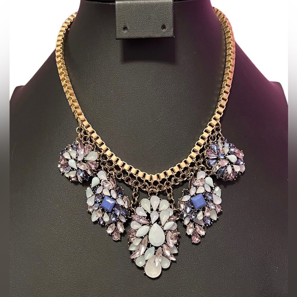 Talbots Mint Green Blue Clear Rhinestone Gold Tone Statement Necklace NWT